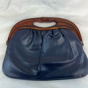 Navy Blue vintage Clutch with brown plastic handles